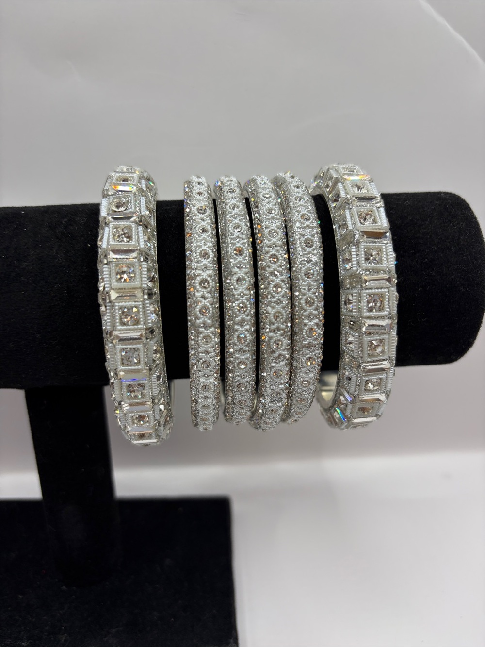 Silver Crystal Pave Enamel Bangle Bracelet Set